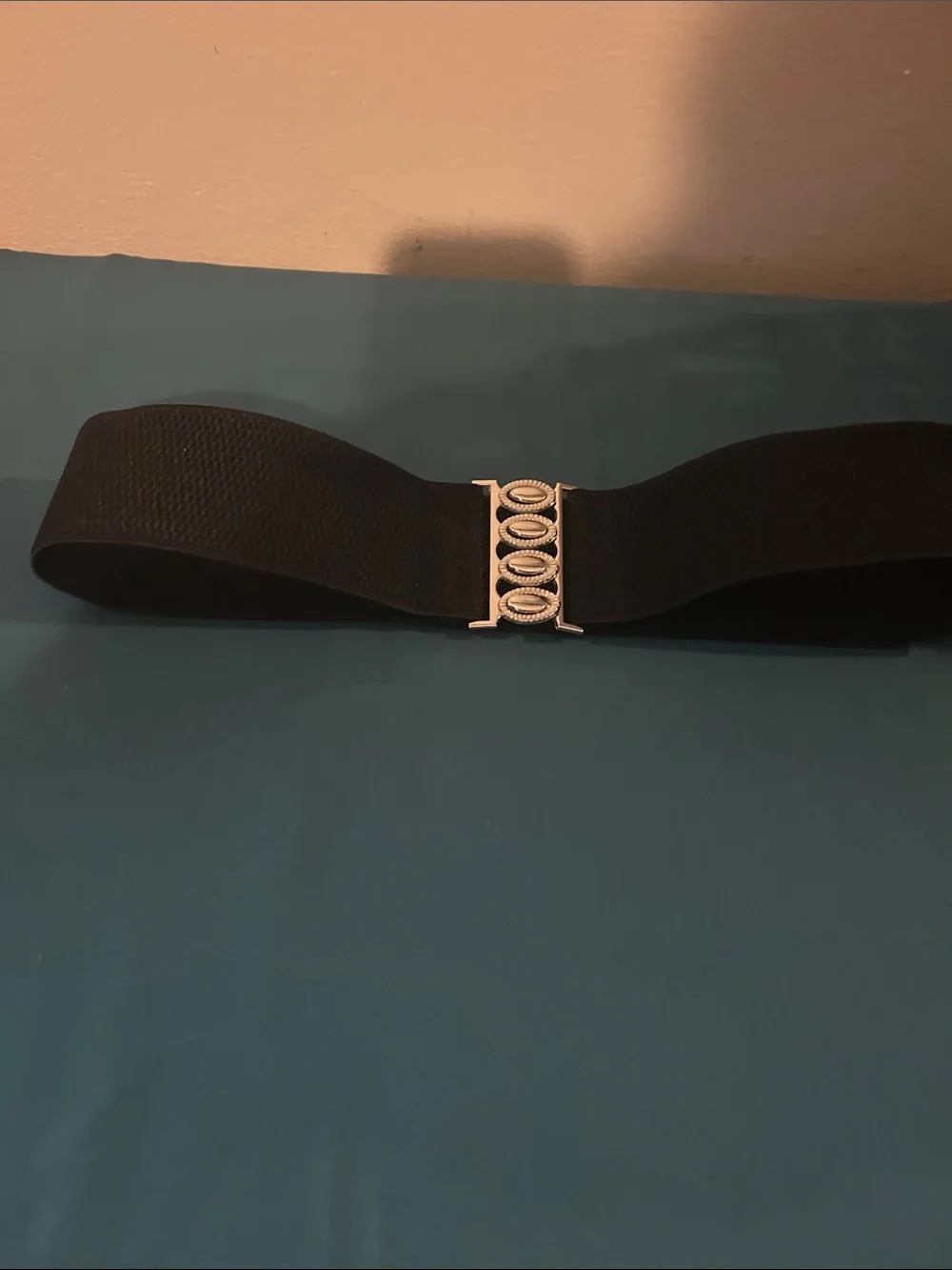 Source Unknown Black Elastic Waist Belt with Decorative Silver-Tone Buckle
